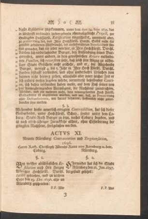 Actus XI. Neunte Nürnberg: Contravention und Tergiversation, 1696. Herrn Rath, Christoph Albrecht Rieter von Kornburg etc. betr.