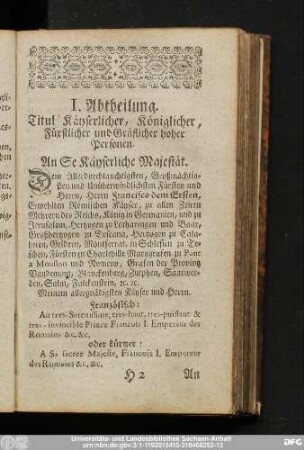 I. Abtheilung. Titul Käyserlicher, Königlicher, Fürstlicher und Gräflicher hoher Personen.