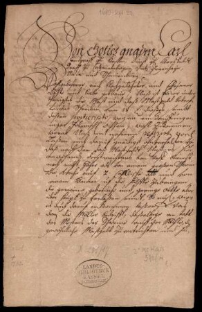 Brief von Karl, Hessen-Kassel, Landgraf an Johann von Görtz