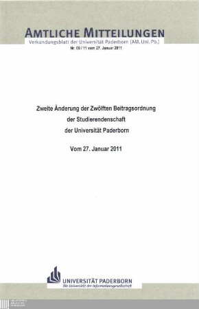 Zweite Änderung der zwölften Beitragsordnung der Studierendenschaft der Universität Paderborn : vom 27. Januar 2011