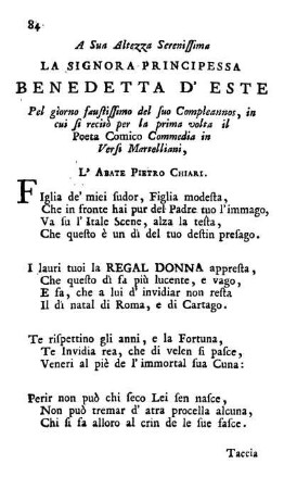 A Sue Altezza Serenissima La Signora Principessa Benedetta D' Este [...]