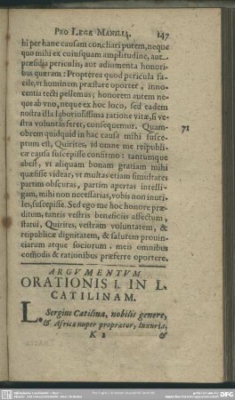 Argumentum Orationis In L. Catilinam