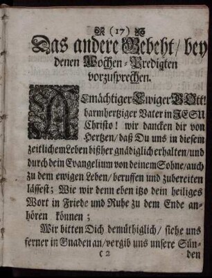 Das andere Gebeth/ bey denen Wochen- Predigten vorzusprechen.