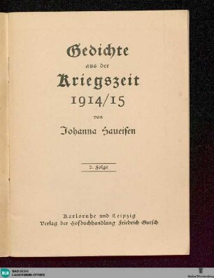 2. Folge: Gedichte aus der Kriegszeit 1914/15 von Johanna Haueisen