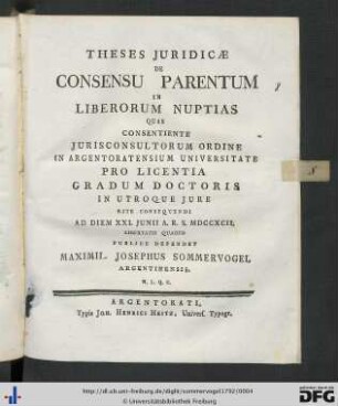 Theses Juridicae De Consensu Parentum In Liberorum Nuptias
