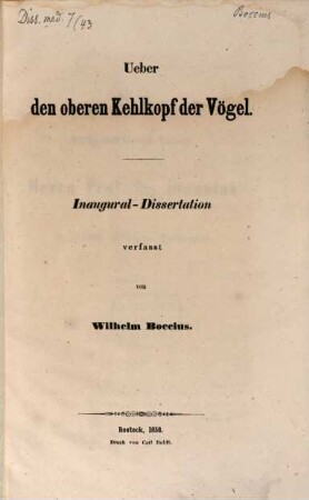 Ueber den oberen Kehlkopf der Voegel : (Inaug. Diss.)