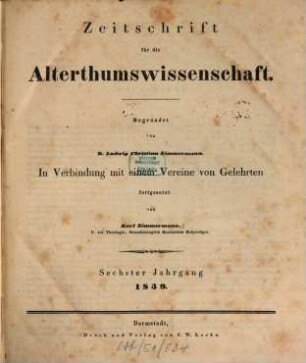 Zeitschrift für die Alterthumswissenschaft. 6. 1839