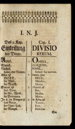 Das I. Kap. Einteilung der Dinge. Cap. I. Divisio Rerum