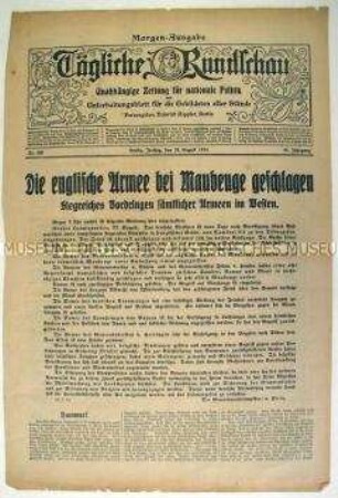 Titelblatt der Tageszeitung "Tägliche Rundschau" u.a.zur Schlacht beu Maubeuge