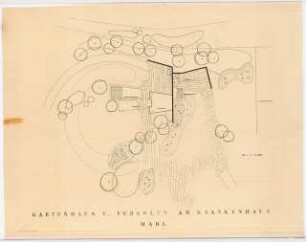 Grünanlage an der Paracelsus-Klinik, Marl: Gartenhaus und Pergolen: Lageplan 1:100