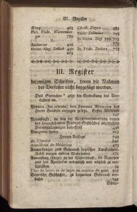 III. Register derjenigen Schriften, denen die Nahmen der Verfaßer nicht beygefüget worden.