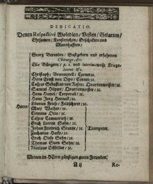 Dedicatio. Denen Respective Woledlen [...] Georg Berendes [...] Eliæ Büngern [...] Christoph. Brunnquell [...]