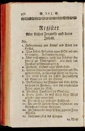 Register Aller solcher Zeugnisse und deren Inhalt.