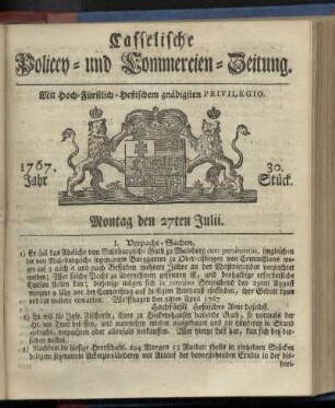 30. Stueck, Montag den 27ten Julii 1767