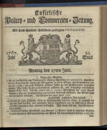 30. Stueck, Montag den 27ten Julii 1767