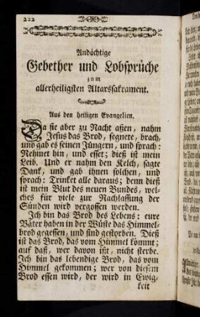 222-249, Andächtige Gebether und Lobsprüche zum allerheiligsten Altarssakrament.