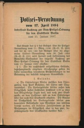 Polizei-Verordnung vom 27. April 1894 betreffend Nachtrag zur Bau-Polizei-Ordnung für den Stadtkreis Berlin vom 15. Januar 1887