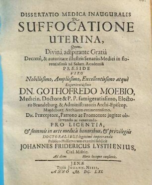 Dissertatio Medica Inauguralis De Suffocatione Uterina