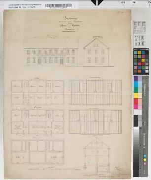 Zeichnung zu einem neuen Wohnhaus für den Pfarrer und Kaplan. Lit. A. Ruhrort den 20. Sept. 1833. Spitz / Revidirt Umpfenbach 20.1.34 / Die nach meinem Entwurf gefertigte Reinzeichnung revidirt: Felderhoff, Kreisbauinsp.