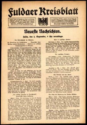 Erste Ausgabe vom Mittwoch, den 02. September 1914.