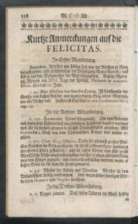 Kurtze Anmerckungen auf die Felicitas.