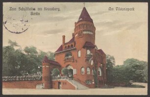 Ansichtskarte Belegschaft des Schultheiss-Ausschanks im Viktoriapark, koloriert