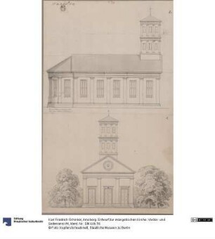 Arnsberg. Entwurf zur evangelischen Kirche. Vorder- und Seitenansicht