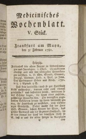 V. Stück. Frankfurt am Mayn, den 3. Februar 1781. - VIII. Stück. Frankfurt am Mayn, den 24. Februar 1781.