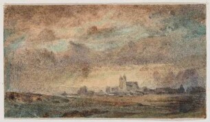 Stadt mit großer Kirche im Gewitterregen