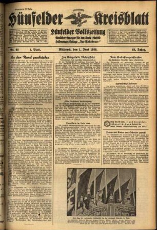 Erste Ausgabe vom Mittwoch, den 01. Juni 1938.