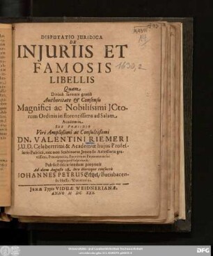 Disputatio Iuridica De Iniuriis Et Famosis Libellis