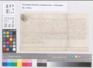 Die Äbtissin Hedwig Sophia überträgt das Benefizium St. Elisabeth und St. Jacobus Apostel in der Stiftskirche an Hilmar Erich von Quernheim zu Behme.