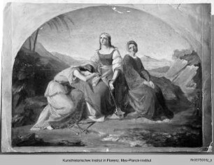 Mythologische Szene: Drei Frauen mit Musikinstrumenten in einer Landschaft