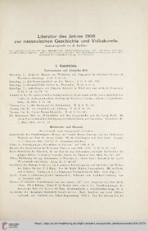 Literatur des Jahres 1908 zur nassauischen Geschichte und Volkskunde