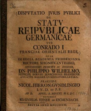 Dispvtatio Jvris Pvblici De Statv Reipvblicae Germanicae Svb Conrado I Franciae Orientalis Rege