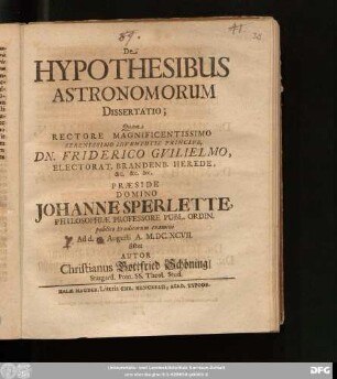 De Hypothesibus Astronomorum Dissertatio