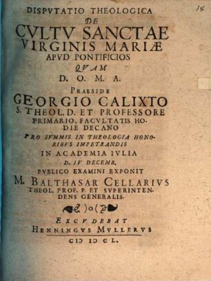 Disp. theol. de cultu sanctae Virginis Mariae apud pontificios