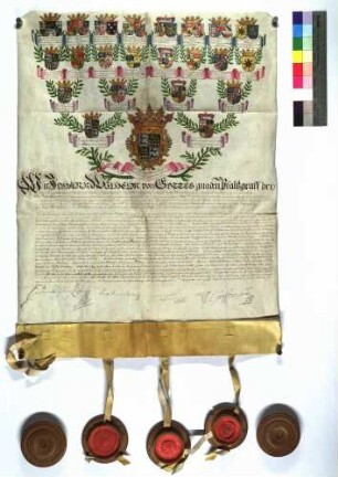 Ahnenprobe für Carl Philipp Franz Graf von Hohenlohe-Bartenstein über seine 32 Ahnen. Miniatur auf Pergament bemalt.