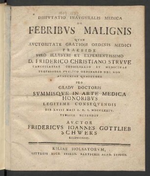 Disputatio Inauguralis Medica De Febribus Malignis