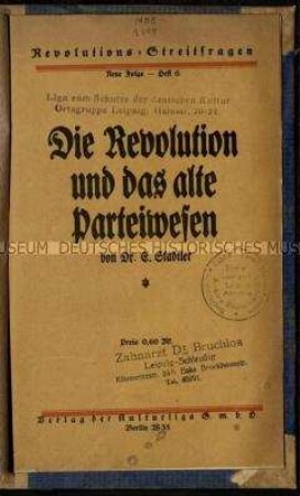 Vortrag von Eduard Stadtler am 12. März 1919 über die Novemberrevolution und das deutsche Parteiensystem