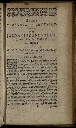 Summa Terminorum Methaphysicorum, Ex Jordani Bruni Nolani Entis Descensu manuse.
