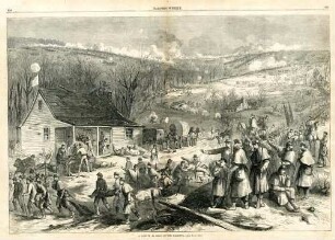 A battle seen by the reserve : Reserveeinheiten warten in der Nähe eines Militärhospitals auf ihren Einsatz. Die Männer beobachten, wie tote und verwundete Soldaten vom Schlachtfeld zum Hospital gebracht werden (zu S.823)
