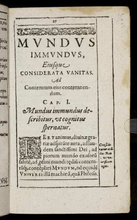 Cap. I. Mundus immundus describitur, ut cognitus spernatur.