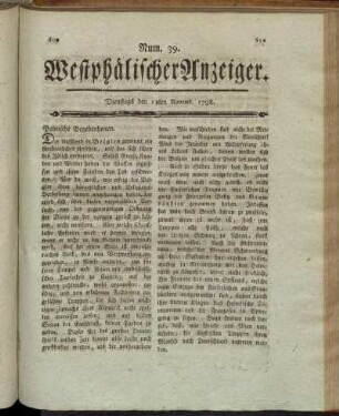 Num. 39. Dienstags den 13ten Novemb. 1798. - Num. 41. Dienstags den 20ten Nobemb. 1798.