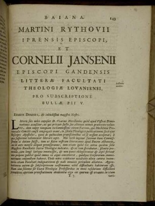 Martini Rythovii Iprensis Episcopi, Et Cornelii Jansenii Episcopi Gandensis Litterae Facultati Theologieae Lovaniensi, Pro Subscriptione Bullae Pii V.