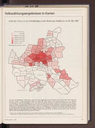 Anteil der Frauen an den Erwerbstätigen in den Hamburger Stadtteilen am 25. Mai 1987