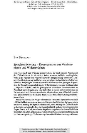 Sprachkultivierung - Konsequenzen aus Versäumnissen und Widersprüchen. Podiumsdiskussion