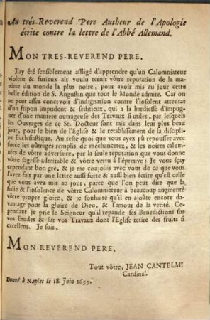 Lettre au ... autheur de l'Apologie écrite contre la Lettre de l'Abbé allemand ...