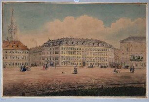 Dresden, Blick auf den Palaisplatz (ehem. Kaiser-Wilhelm-Platz) nach Nordosten Ecke Königsstraße, links und Heinrichstraße, rechts, links die Dreikönigskirche