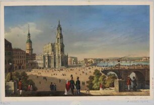 Blick von der Treppe der Brühlschen Terrasse auf den Schlossplatz nach Westen mit der Katholischen Hofkirche, dem ersten Bau der Semperoper und den umliegenden Gebäuden